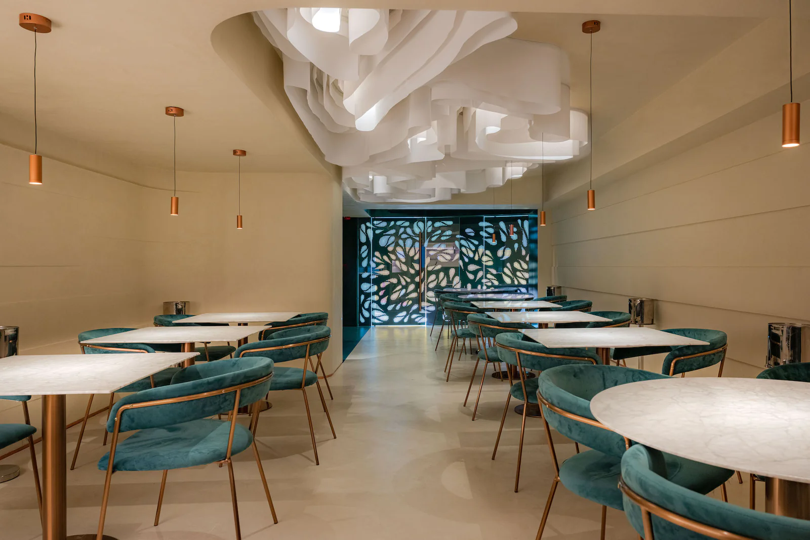 Wave ceiling above a dining room